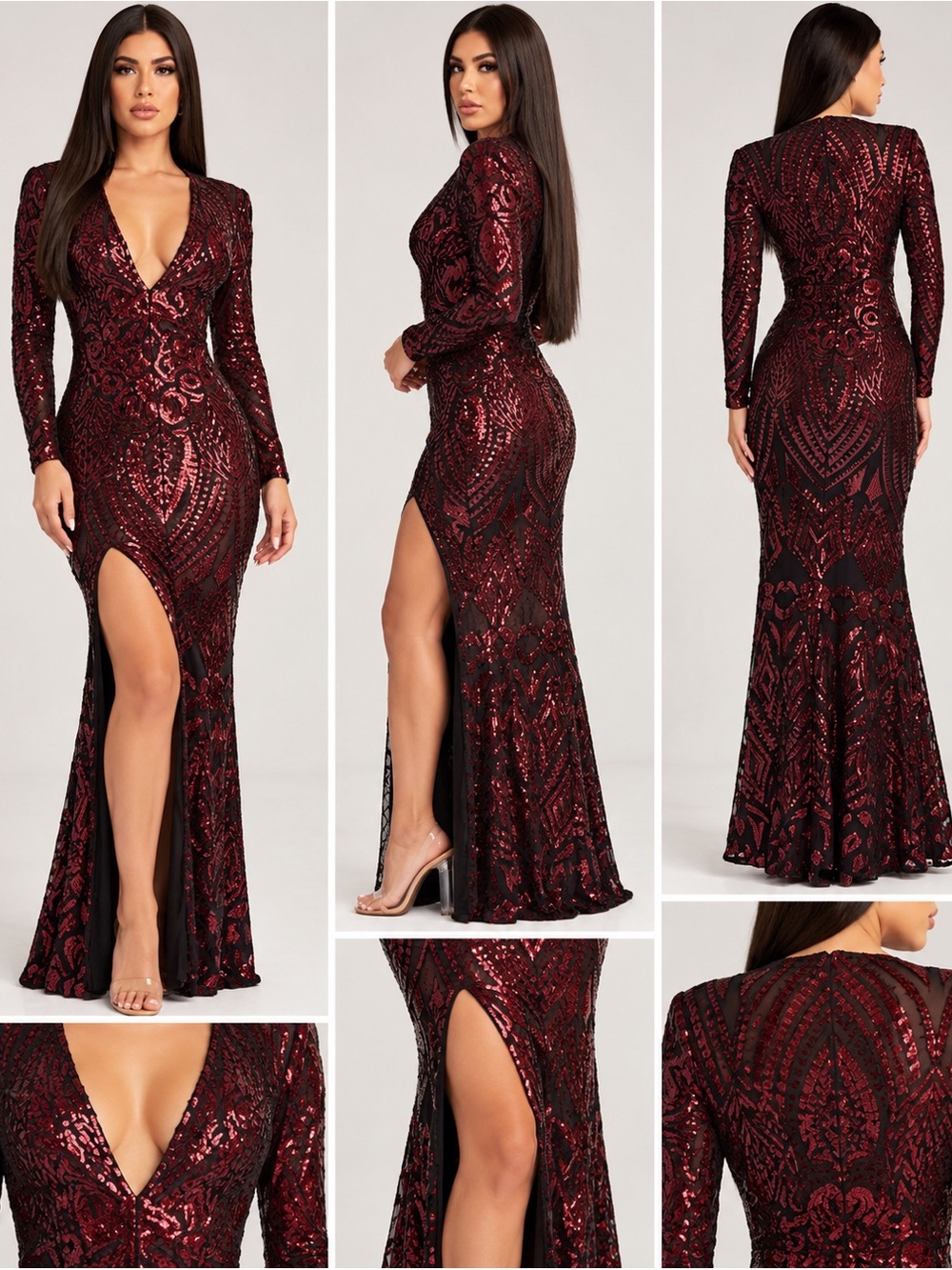 Dress the Population Alessandra Red Sequin Long Sleeve Gown Large